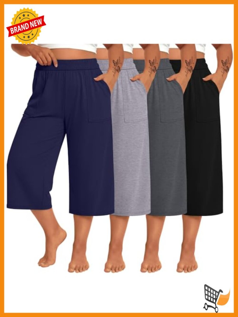 4pk Plus Size Cotton Wide Leg Capris Elastic Waist Cropped Lounge Pants